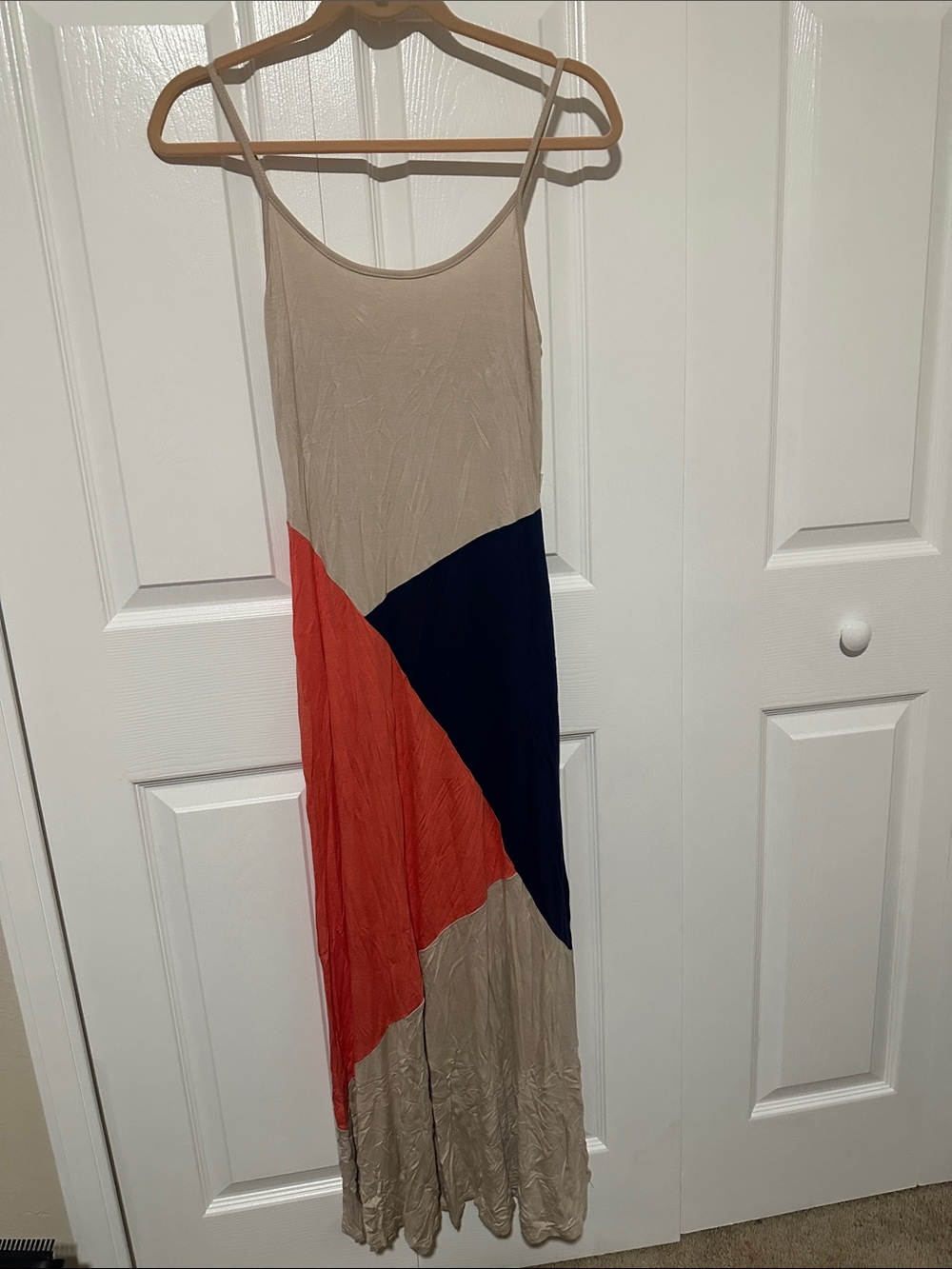 Sleeveless Beige Maxi Dress with Coral & Navy Panels
